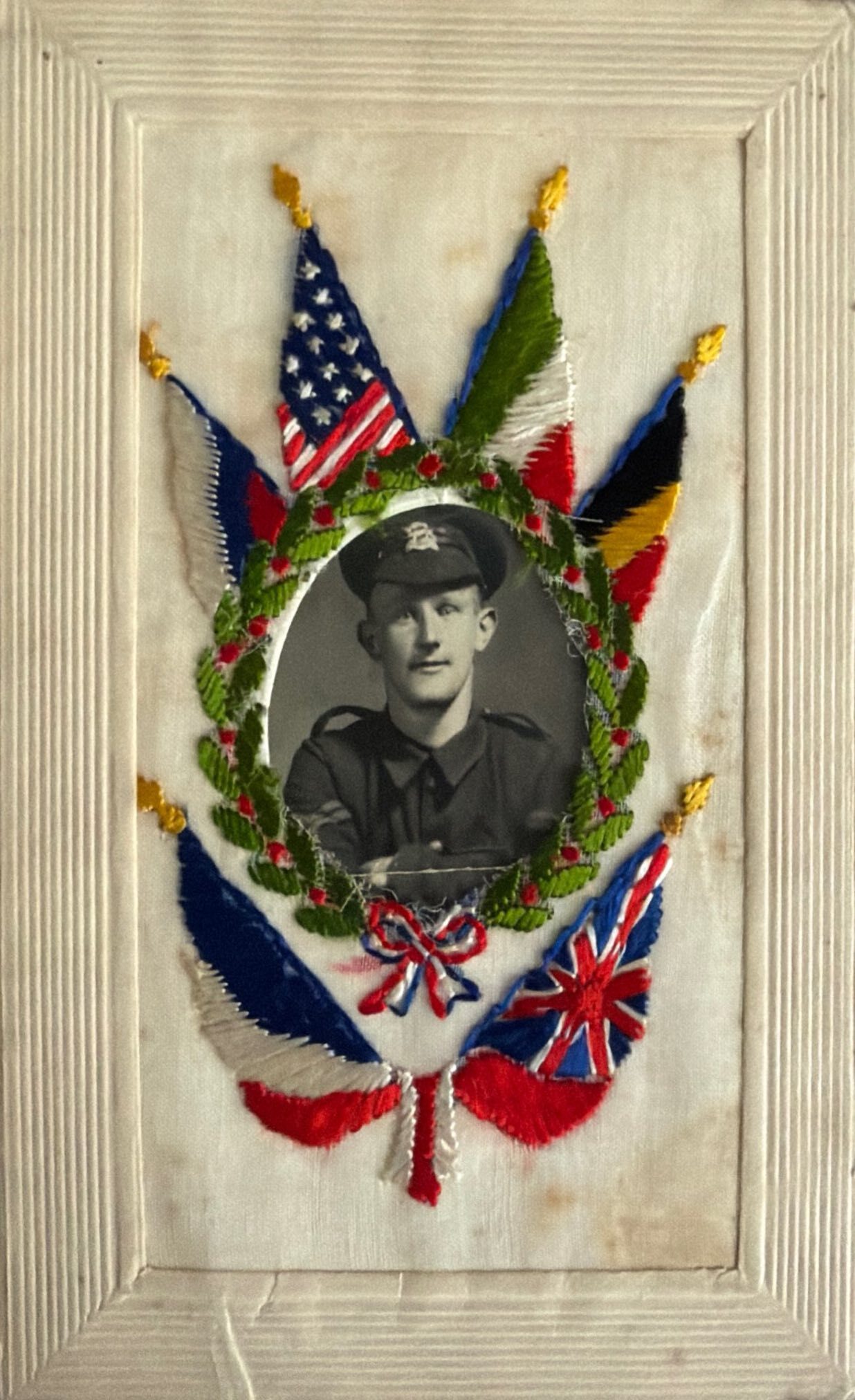 Silk Postcard With Real Photo Of Soldier Front image