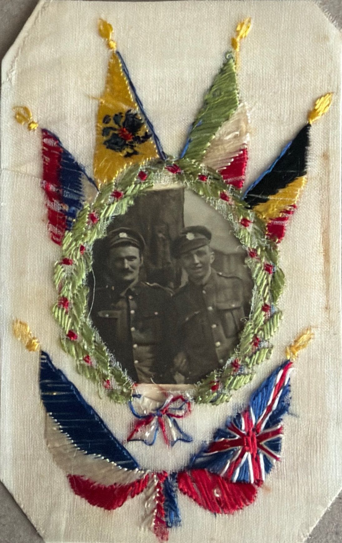 Silk Postcard With Real Photo Of Two Soldiers front image